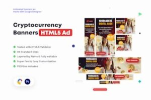 Подробнее о статье Cryptocurrency Banners HTML5 Ad — стильный шаблон для продвижения криптовалютных проектов | HTML шаблоны