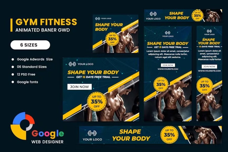 Подробнее о статье Fitness Google Adwords HTML5 Banner Ads GWD | HTML шаблоны