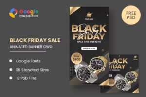 Подробнее о статье Black Friday Sale Watch HTML5 Banner Ads GWD — баннеры для рекламы Черной пятницы | HTML шаблоны