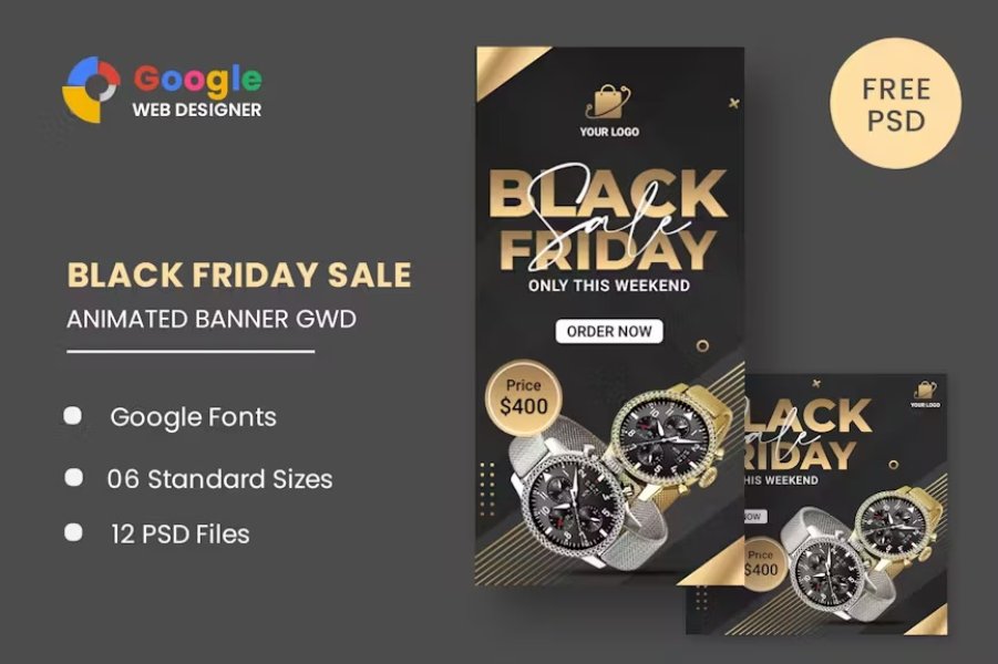 Подробнее о статье Black Friday Sale Watch HTML5 Banner Ads GWD — баннеры для рекламы Черной пятницы | HTML шаблоны